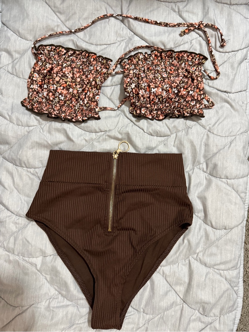 refuge Brown Ribbed High-Waist Swim Bottoms with Floral Top